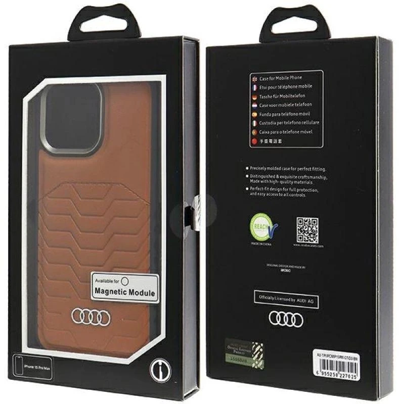 Audi Synthetic Leather MagSafe Apple iPhone 15 Pro Max 6.7″ rudos spalvos kietas dėklas AU-TPUPCMIP15PM-GT/D3-BN
