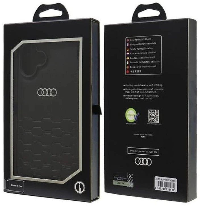 Audi Synthetic Leather Apple iPhone 16 Plus 6.7″ juodos spalvos kietas dėklas AU-TPUPCIP16M-GT/D2-BK