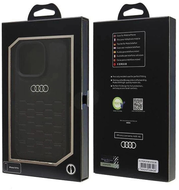 Audi Synthetic Leather Apple iPhone 16 Pro 6.3″ juodos spalvos kietas dėklas AU-TPUPCIP16P-GT/D2-BK