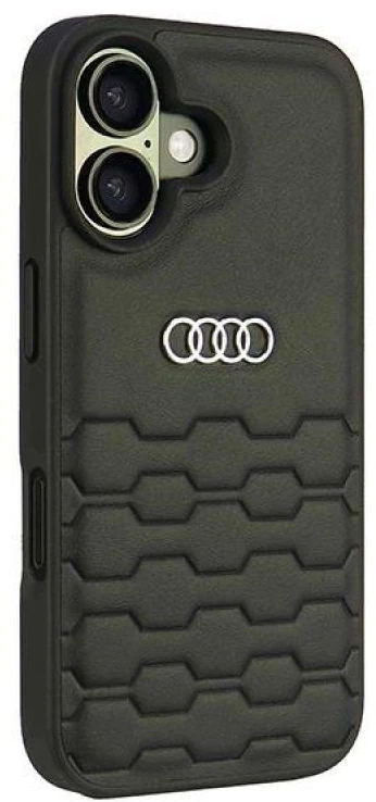 Audi Synthetic Leather Apple iPhone 16 6.1″ juodos spalvos kietas dėklas AU-TPUPCIP16-GT/D2-BK