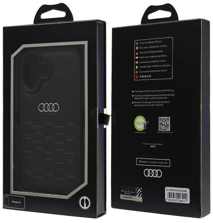 Audi Synthetic Leather Apple iPhone 16 6.1″ juodos spalvos kietas dėklas AU-TPUPCIP16-GT/D2-BK