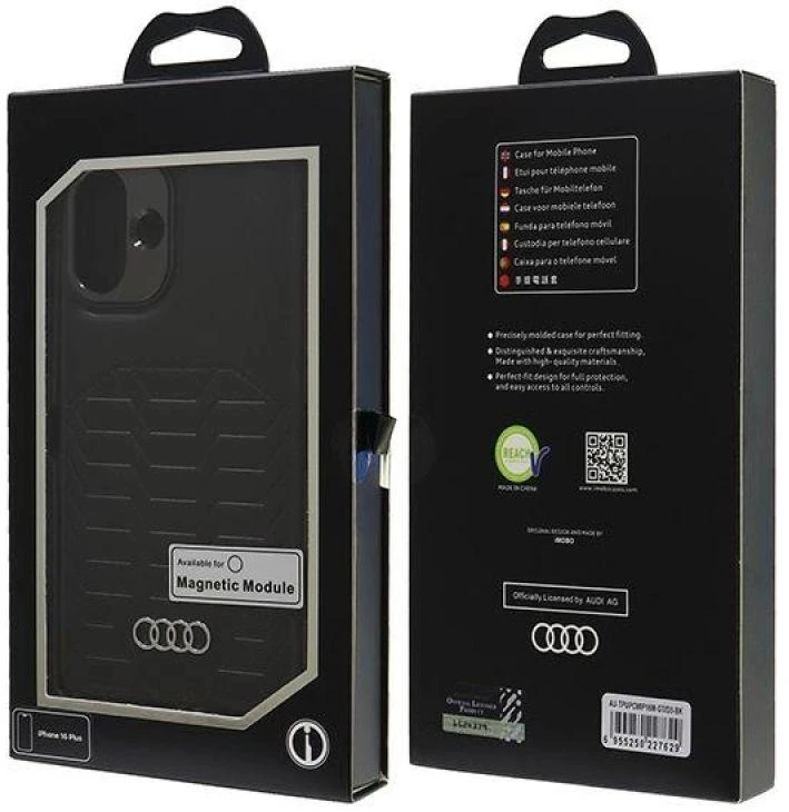 Audi Synthetic Leather MagSafe Apple iPhone 16 Plus 6.7″ juodos spalvos kietas dėklas AU-TPUPCMIP16M-GT/D3-BK