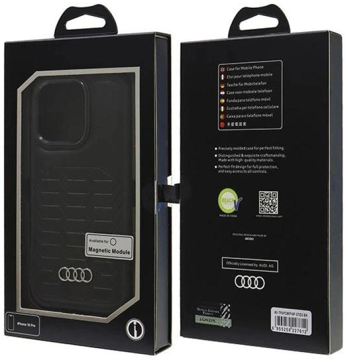 Audi Synthetic Leather MagSafe Apple iPhone 16 Pro 6.3″ juodos spalvos kietas dėklas AU-TPUPCMIP16P-GT/D3-BK
