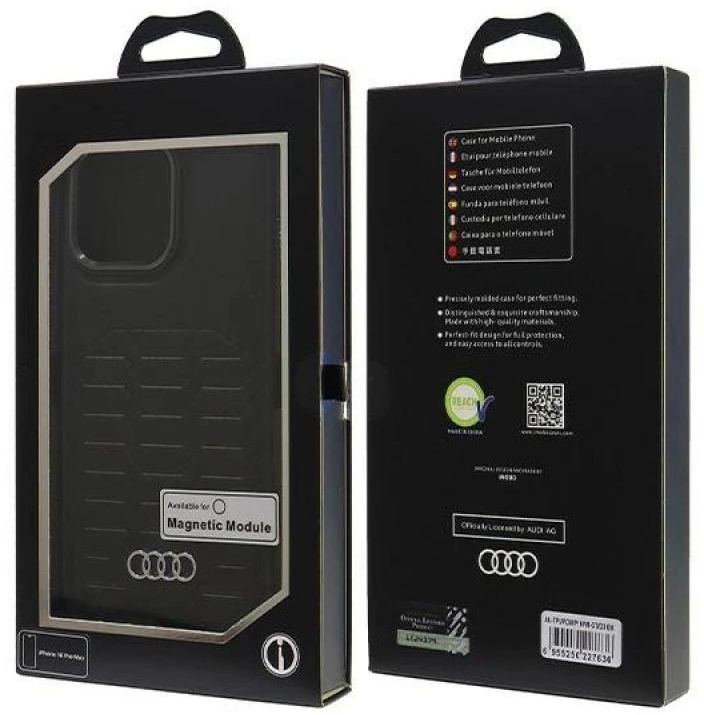 Audi Synthetic Leather MagSafe Apple iPhone 16 Pro Max 6.9″ juodos spalvos kietas dėklas AU-TPUPCMIP16PM-GT/D3-BK