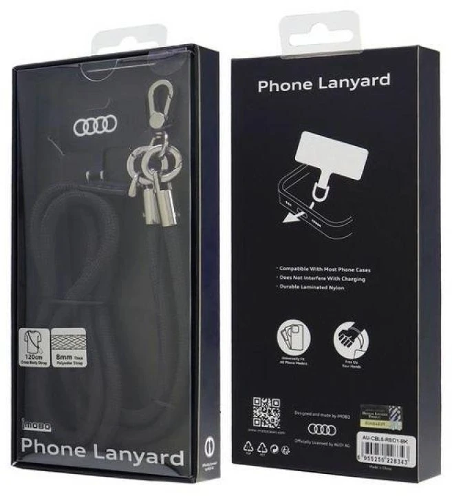 Audi virvelė telefonui 120cm 6mm crossbody juodos spalvos AU-CBL8-R8/D1-BK