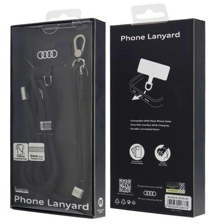 Audi virvelė telefonui 120cm 6mm crossbody juodos spalvos AU-CBL6-R8/D1-BK