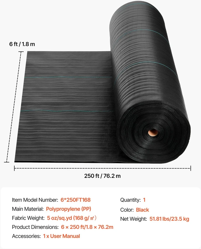 VEVOR Piktžolių barjeras 1.8x76.2m 141.7g juodas