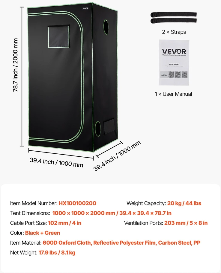 VEVOR Vidinis auginimo tentas 100 x 100 x 200 cm