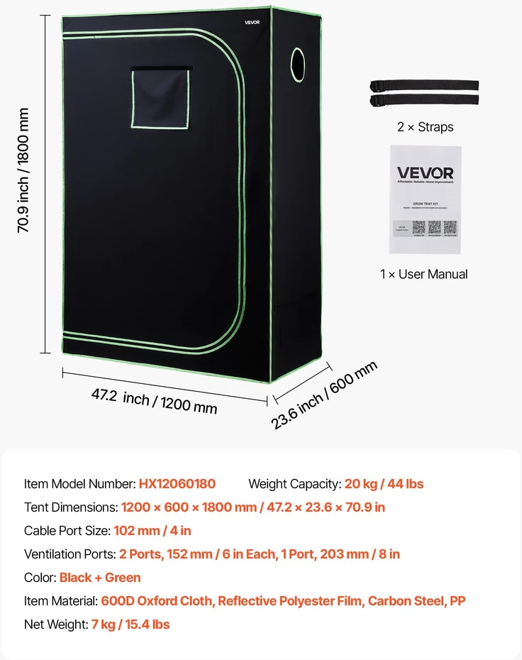 Vevor Vidinis auginimo tentas su langu 120x60x180 cm