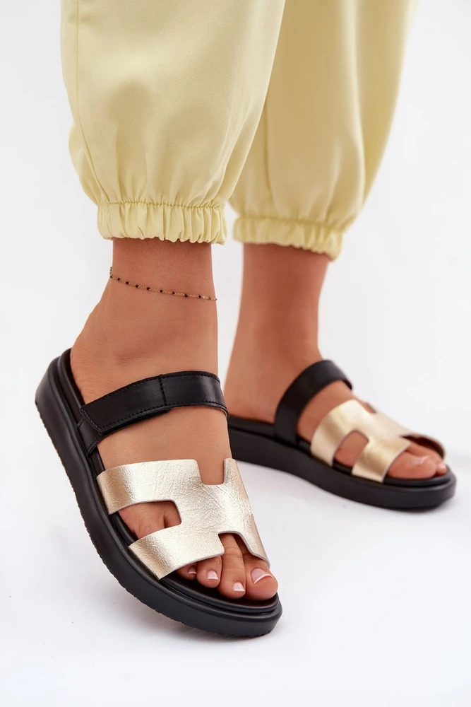 Auksinės moteriškos odinės šlepetės su velcro 36–41