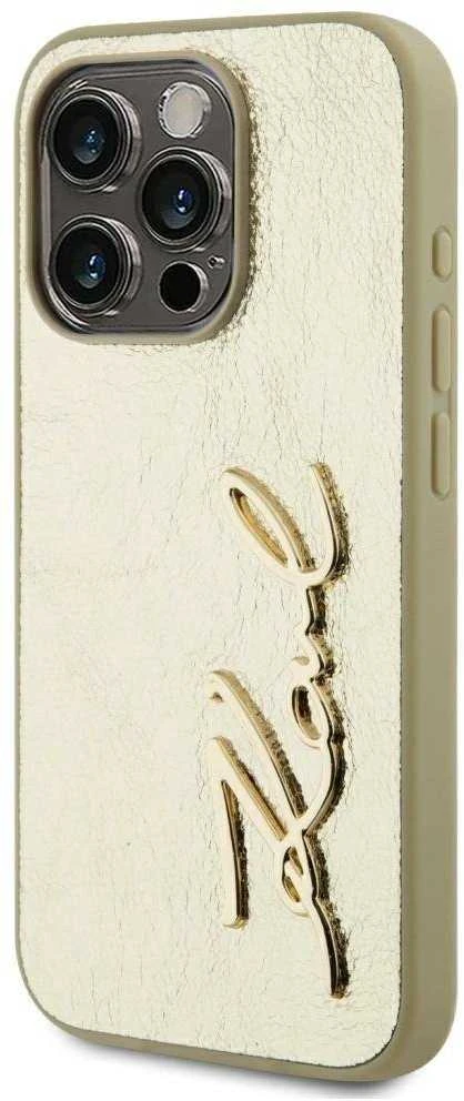 Karl Lagerfeld Wrinkled PU Signature Logo dėklas telefonui Apple iPhone 15 Pro Max aukso spalvos