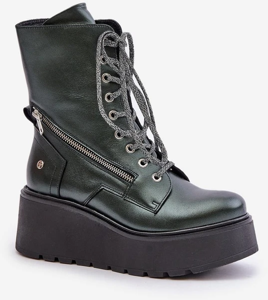 Aulinukai žali odiniai ant platformos su užtrauktuku Sergio Leone