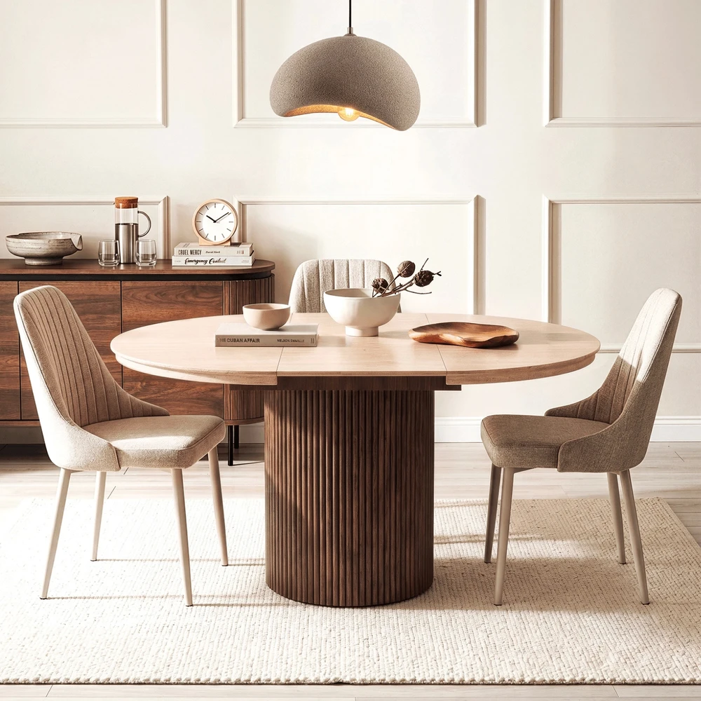 AURELIO apvalus ištraukiamas stalas, 120–160 cm, travertinas/modernus riešutmedis