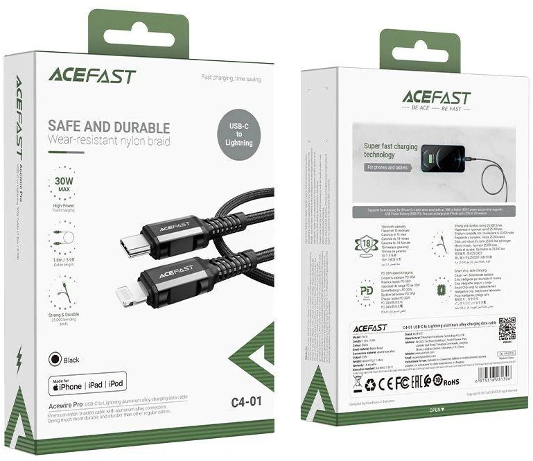 USB laidas Acefast C4-01 MFi PD30W USB-C to Lightning 1.8m juodas