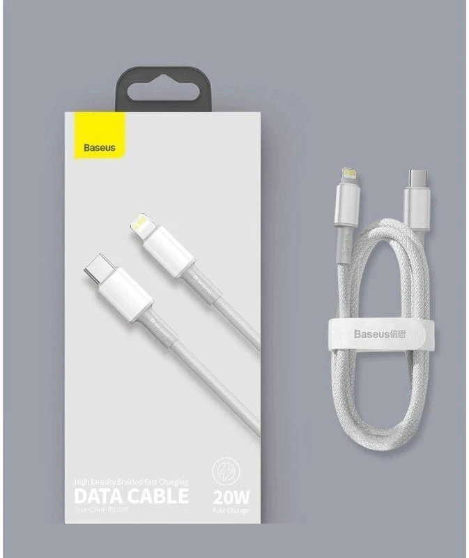 „Baseus“ didelio tankio pintas greito įkrovimo duomenų kabelis Type-C iki Lightning PD 20W 2m Baltas (Baltas)