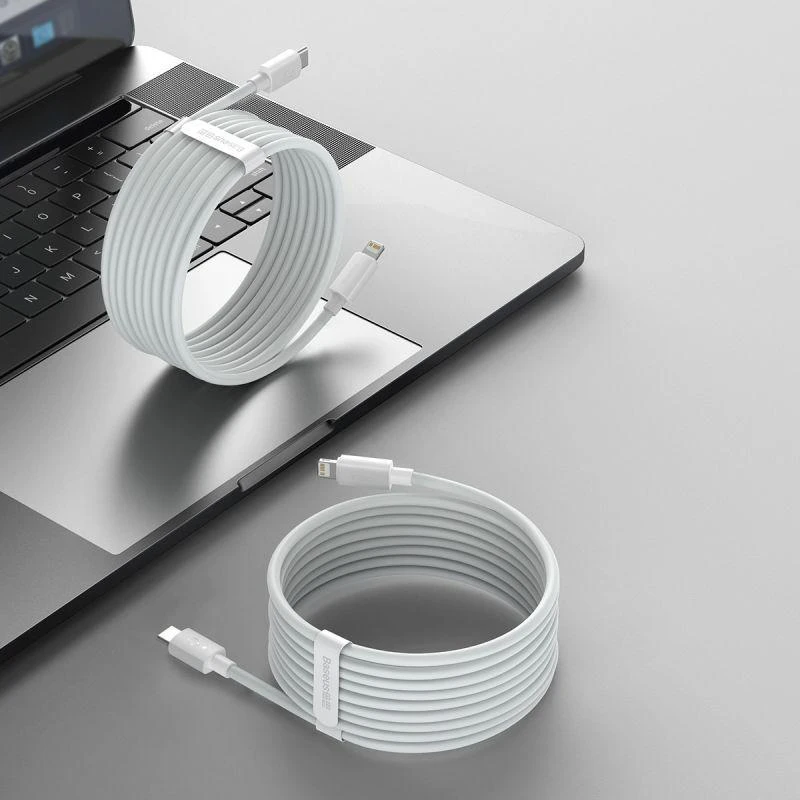 Baseus Simple Wisdom duomenų kabelio komplektas iš USB-C į Lightning PD 20W (2 Vnt), 1.5 m baltos spalvos