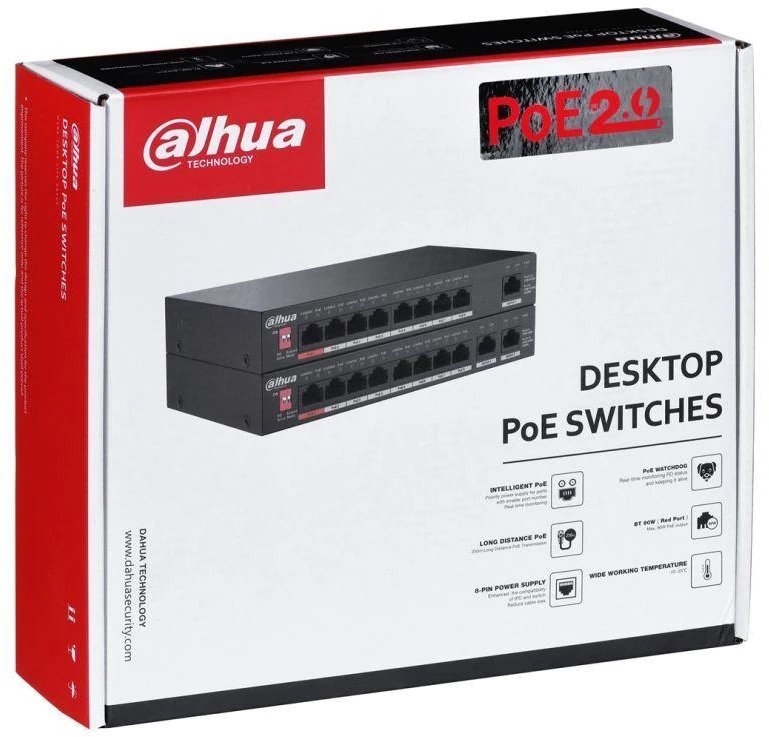 Dahua PoE šakotuvas 8*100Mbps PoE portai ir 2 Uplink 1000Mbps, Total-96W, BT 90W
