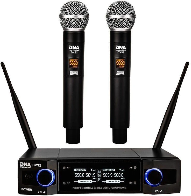 DNA Professional DVS2 - belaidis mikrofonas, 2 rankiniai siųstuvai + bazinis blokas (560–590 MHz)
