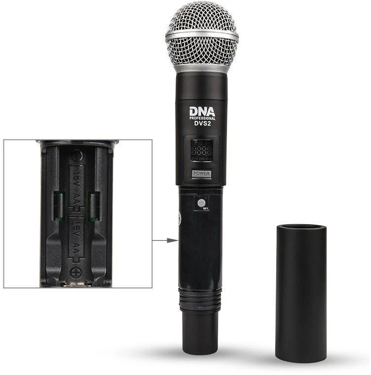 DNA Professional DVS2 - belaidis mikrofonas, 2 rankiniai siųstuvai + bazinis blokas (560–590 MHz)
