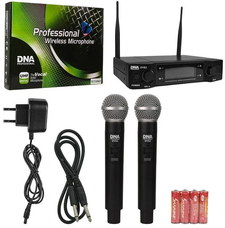 DNA Professional DVS2 - belaidis mikrofonas, 2 rankiniai siųstuvai + bazinis blokas (560–590 MHz)