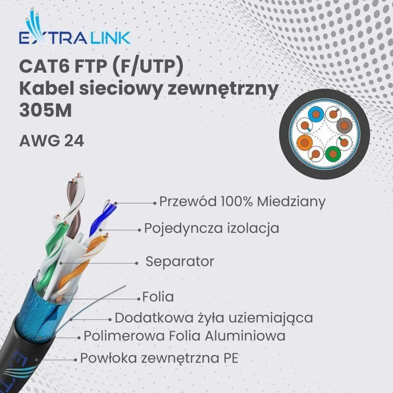 Tinklo laidas Extralink CAT6 FTP lauko tinklo kabelis 305 m, juodas, Native