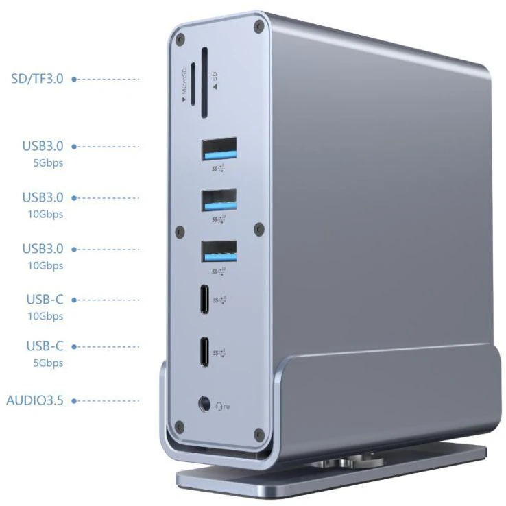 Gembird A-CF-COMBO15-01 USB Type-CF 15-in-1 daugiaportis adapteris (USB šakotuvas AF-jungtys v.2x2 + v.3x3, Type-CF + HDMIx2 + DisplayPort + PD + kortelių skaitytuvas + GigaLAN + 3,5 mm garso jungtis), pilkas