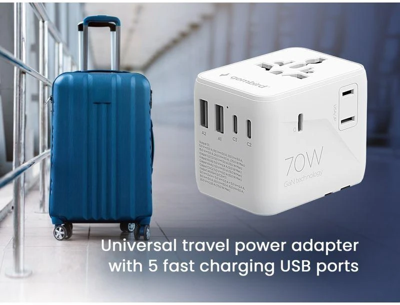 „Gembird“ universalus kelioninis maitinimo adapteris, 70 W | TPA-2A3C70-01-W