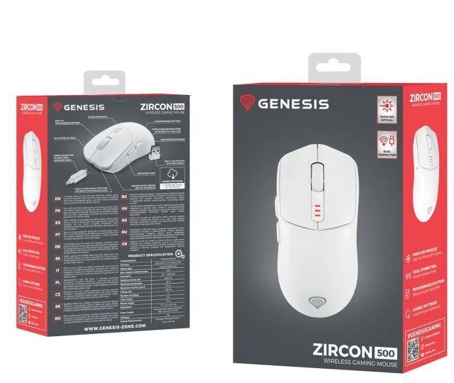 Genesis Zircon 500 G2 | Pelė žaidimams | Wireless/su laidu | 2.4 GHz, Bluetooth, USB | Baltas