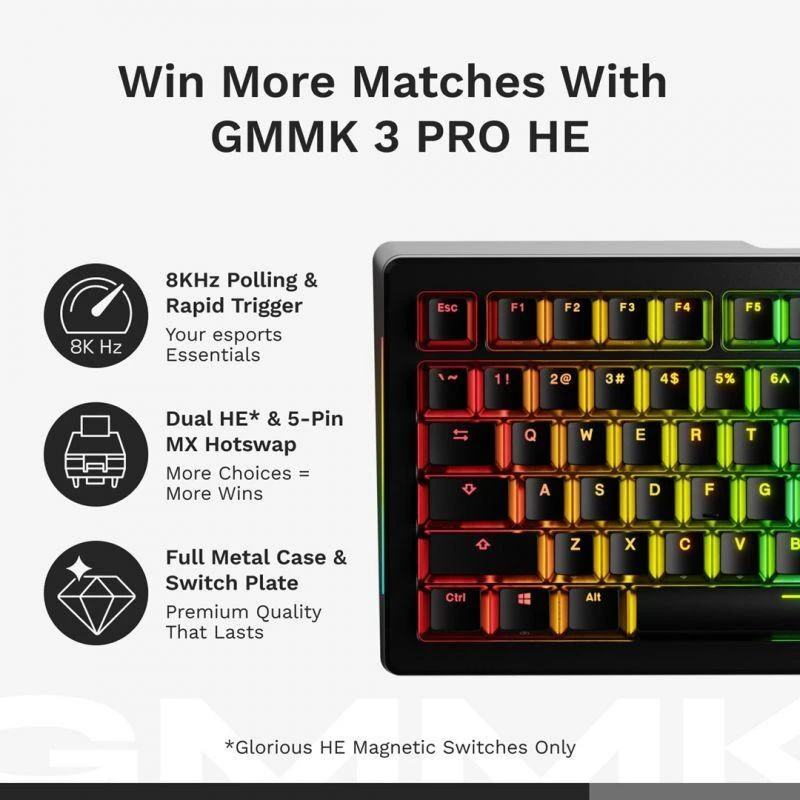 Glorious GMMK 3 Pro HE 75 % žaidimų klaviatūra – Pre-Built, ANSI US išdėstymas, Fox HE Switches, juodos spalvos