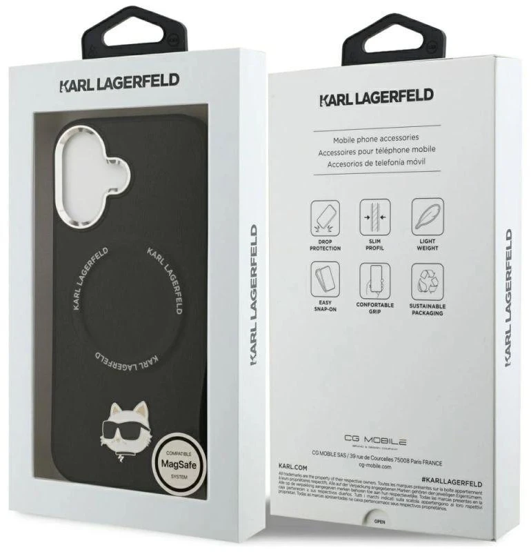 Karl Lagerfeld Choupette Pin MagSafe dėklas iPhone 17 telefonui, juodas