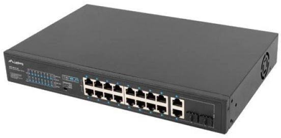Ausinės LANBERG 19" stelažinis komutatorius, 16 x 100 Mb/s PoE+/2 x kombinuoti Gigabit, 150W, nevaldomas RSFE-16P-2C-150