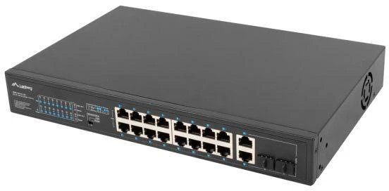 Ausinės LANBERG 19" stelažinis komutatorius, 16 x 100 Mb/s PoE+/2 x kombinuoti Gigabit, 150W, nevaldomas RSFE-16P-2C-150