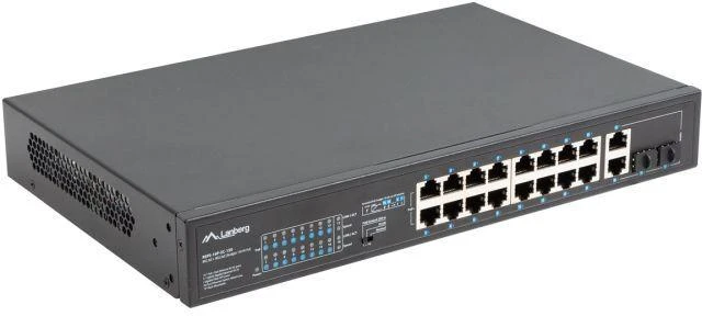 Ausinės LANBERG 19" stelažinis komutatorius, 16 x 100 Mb/s PoE+/2 x kombinuoti Gigabit, 150W, nevaldomas RSFE-16P-2C-150