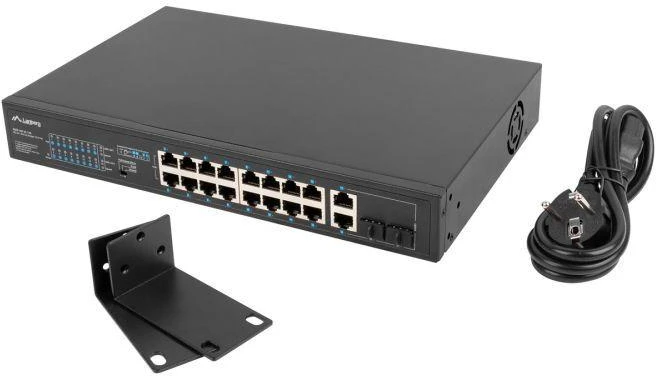 Ausinės LANBERG 19" stelažinis komutatorius, 16 x 100 Mb/s PoE+/2 x kombinuoti Gigabit, 150W, nevaldomas RSFE-16P-2C-150