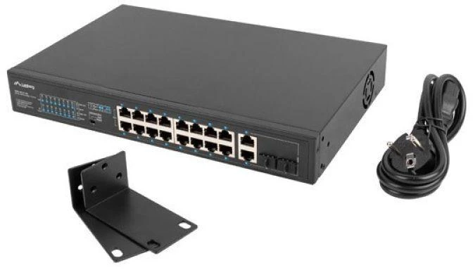 Ausinės LANBERG 19" stelažinis komutatorius, 16 x 100 Mb/s PoE+/2 x kombinuoti Gigabit, 150W, nevaldomas RSFE-16P-2C-150