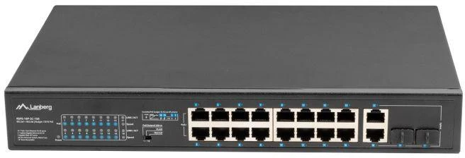 Ausinės LANBERG 19" stelažinis komutatorius, 16 x 100 Mb/s PoE+/2 x kombinuoti Gigabit, 150W, nevaldomas RSFE-16P-2C-150