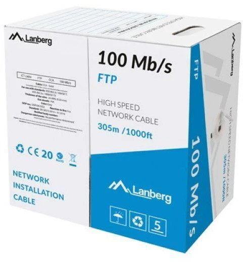 Kabelis FTP Lanberg LCF5-10CC-0305-S (F/UTP, RJ45 - F/UTP, RJ45 , F/UTP, 305m, 5e, pilka spalva)