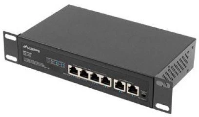 LANBERG jungiklis PoE 19 colių 6 prievadų 100MB 4 jungtys PoE 30W/prievadas max 60W DSP3-0105-60W nevaldomas