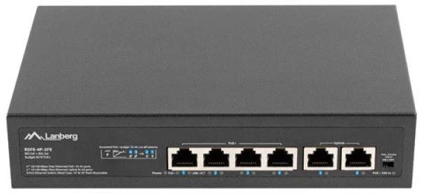 LANBERG jungiklis PoE 19 colių 6 prievadų 100MB 4 jungtys PoE 30W/prievadas max 60W DSP3-0105-60W nevaldomas