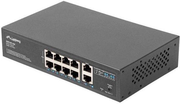 Šakotuvas LANBERG jungiklis PoE 19 colių 10 prievadų 100MB 8 jungtys PoE 30W/prievadas max 120w RSFE-8P-2GE nevaldomas