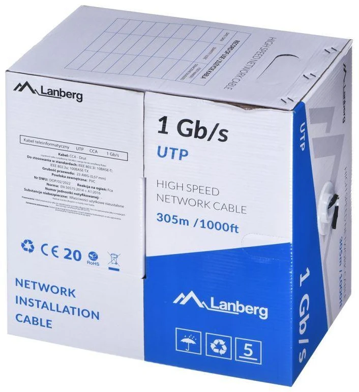 LANBERG Lan Cable UTP 1Gb/s 305m solid CCA Juodas