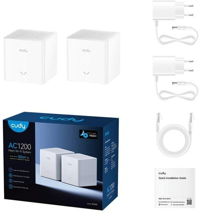 Ausinės Prieigos taškas CUDY M1200 (2 vnt. pakuotė) AC1200 dviejų dažnių „Wi-Fi“, 2x 10/100 Mbps „Mesh“ sistema