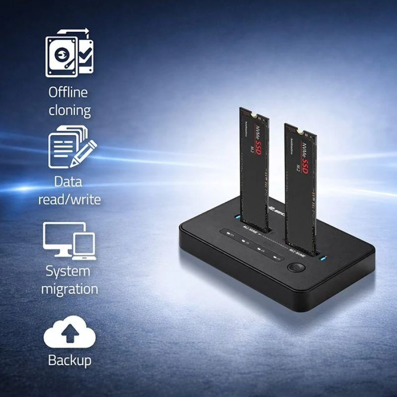 „Qoltec 52366 M.2 NVMe SSD“ prijungimo stotelė | PCIe | USB-C | 20 Gb/s | DUAL 2 x 8 TB | Klonavimas neprisijungus