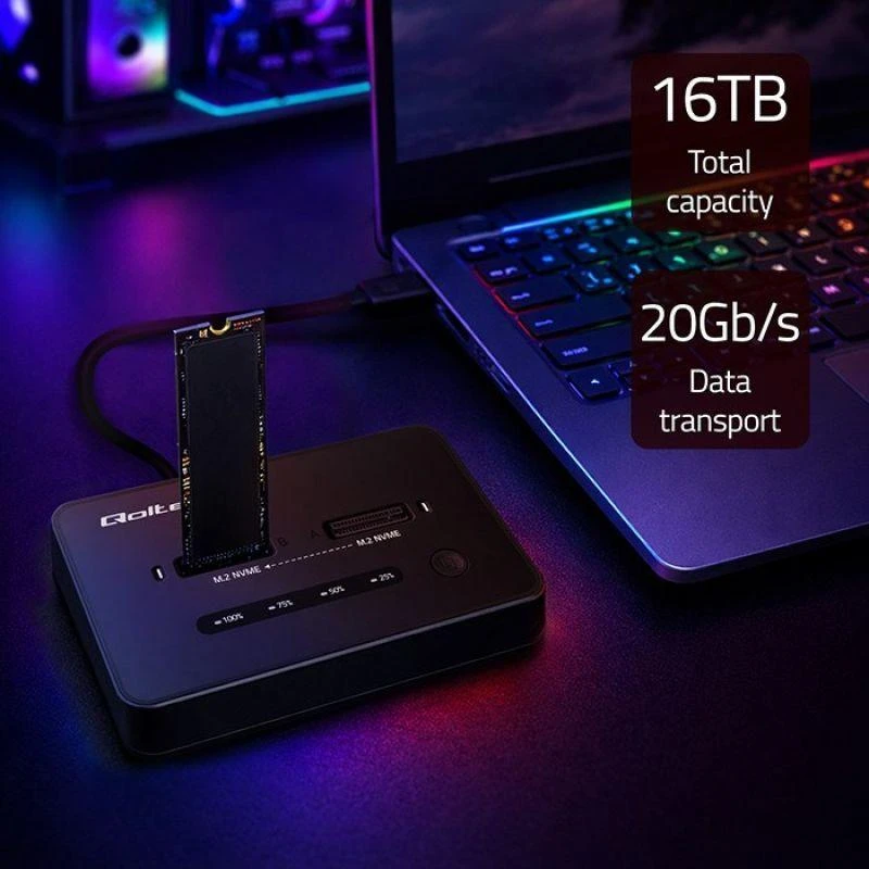 „Qoltec 52366 M.2 NVMe SSD“ prijungimo stotelė | PCIe | USB-C | 20 Gb/s | DUAL 2 x 8 TB | Klonavimas neprisijungus