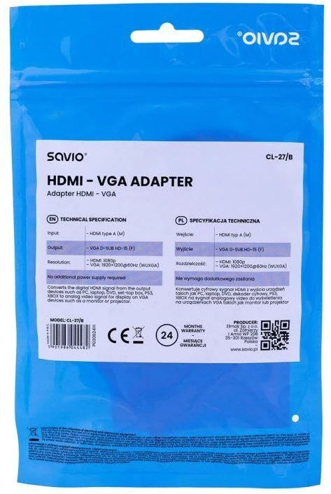 Savio CL-27B vaizdo kabelio adapteris 0,1 m HDMI Type A (Standartinis) VGA (D-Sub) Baltas