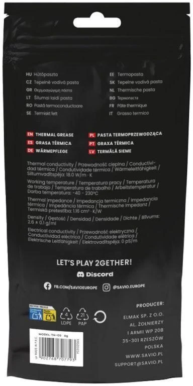 Savio TG-05 1 g šilumos kriauklės pasta Terminė pasta 18 W/m·K
