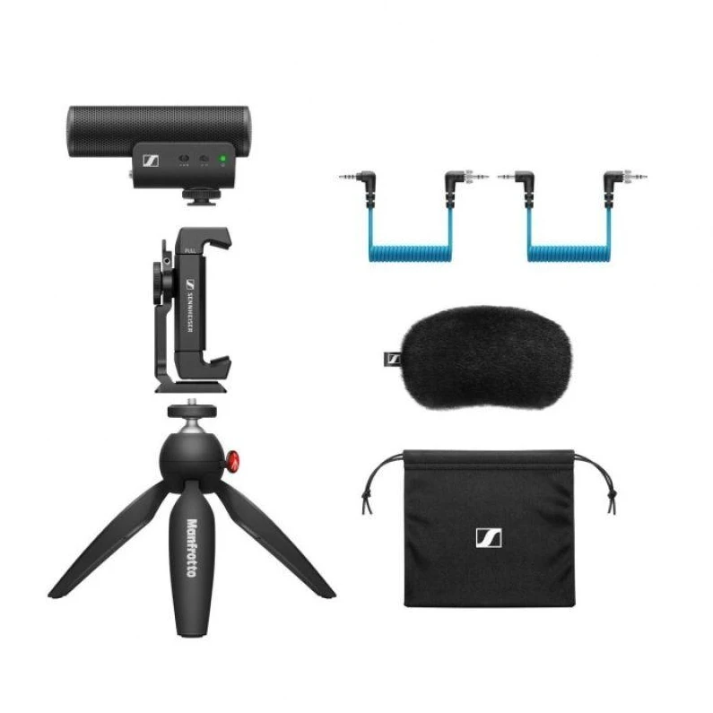 „Sennheiser MKE 400 Mobile Kit“ – kondensatorinis superkardioidinis mikrofonas su žemo dažnio filtru ir „Manfrotto“ trikoju