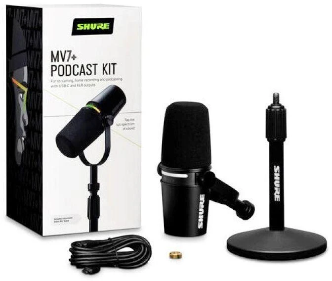 Ausinės Shure MV7+-K-BNDL – mikrofonas įgarsinimui ir vokalui su XLR/USB-C jungtimi, juodas + GATOR stovelis ant stalo
