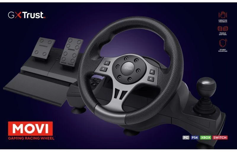 „Trust GXT 289 Movi Juodas“ USB vairas + pedalai, skirti „Nintendo Switch“, „PlayStation 4“, „XBOX One S“, „XBOX One X“, „XBOX Series S“, „XBOX Series X“