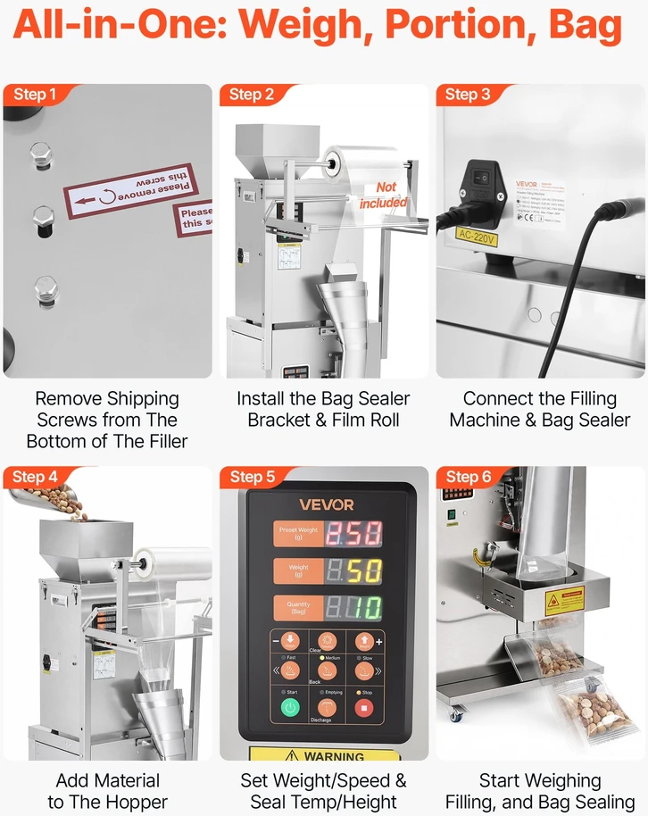 Automatinė birių produktų pakavimo ir sandarinimo mašina VEVOR SBF-500-V2, 10–500g